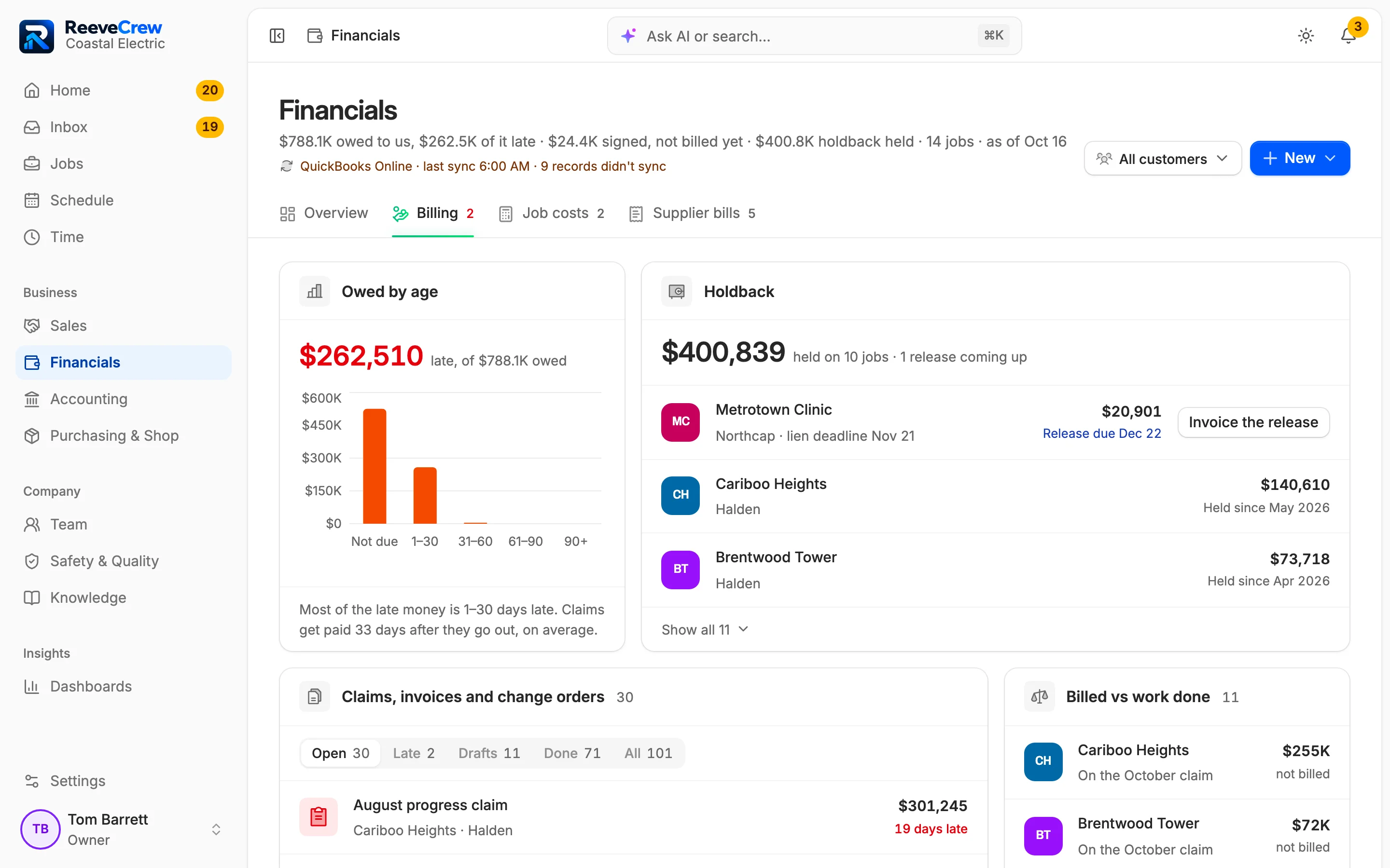 Holdback: $400,839 held on 10 jobs, with a release due, its lien deadline and an Invoice the release button.