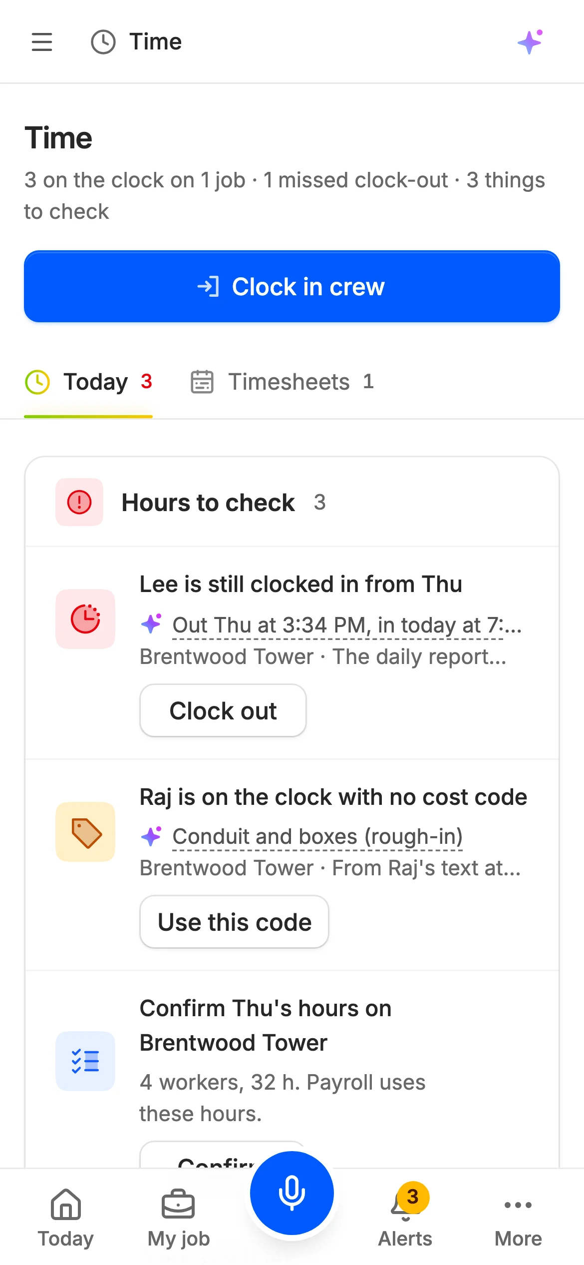 Clocking the crew in from a phone.